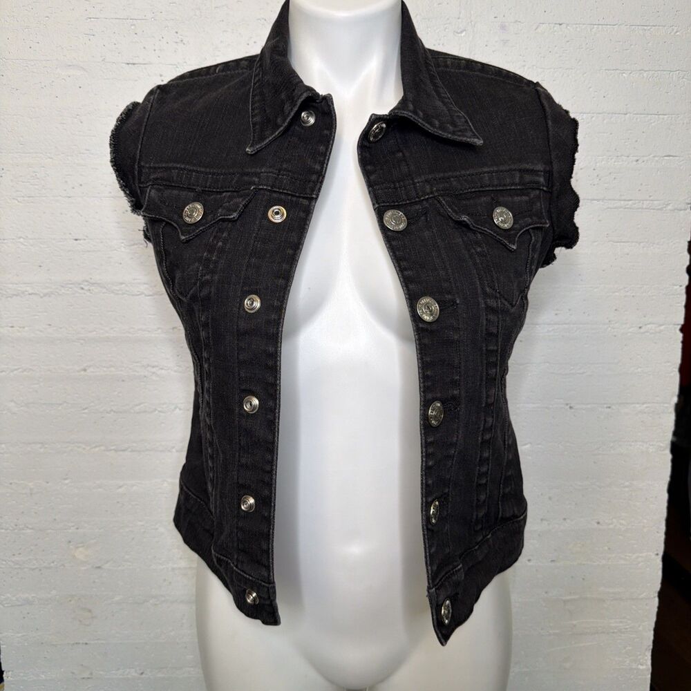 True Religion Shelby Denim Vest S Y2K Grunge Moto-Boho Coastal Cowgirl